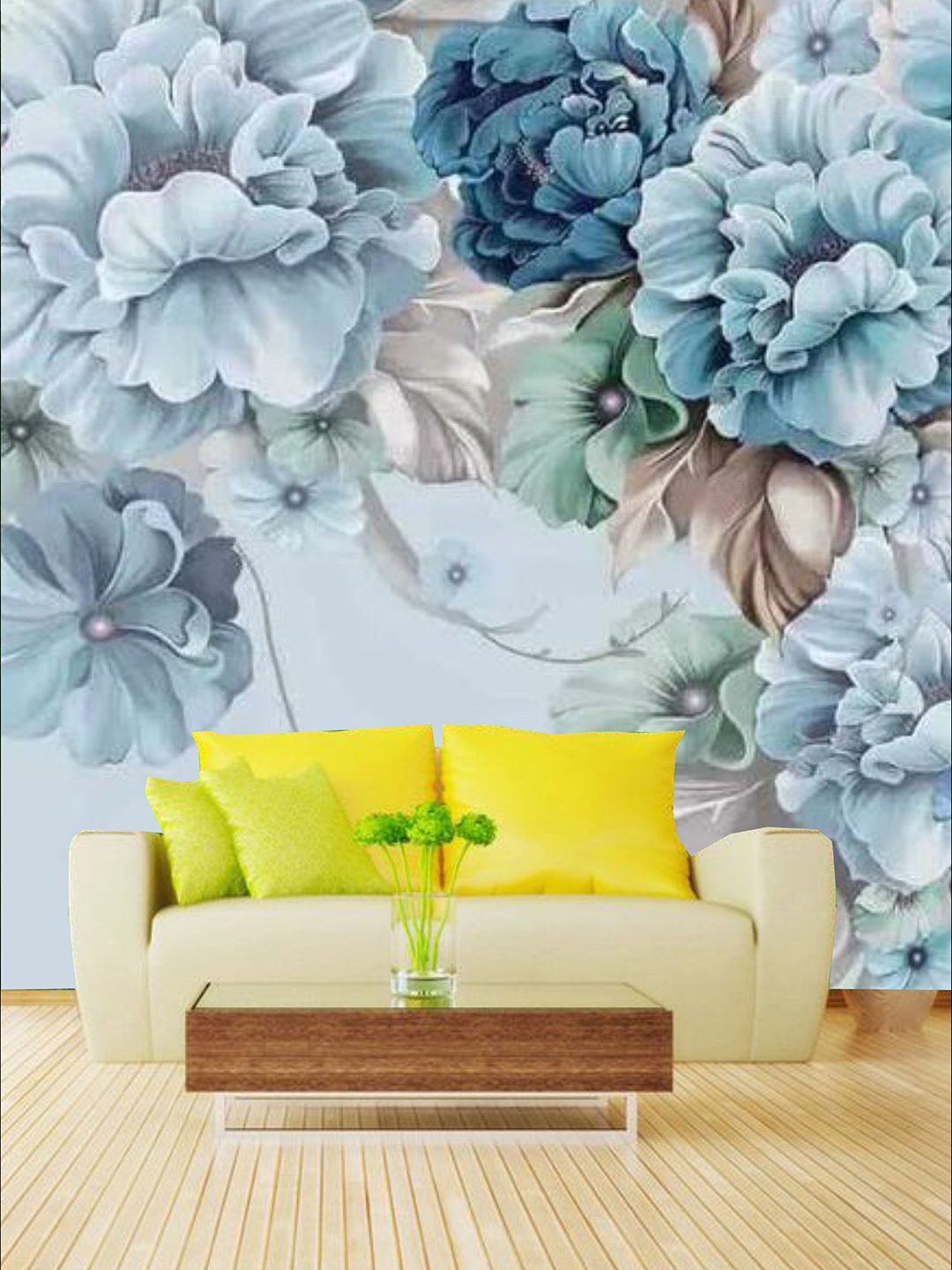 

KSHIRSA Blue & Beige Floral Self Adhesive Removable Wallpaper