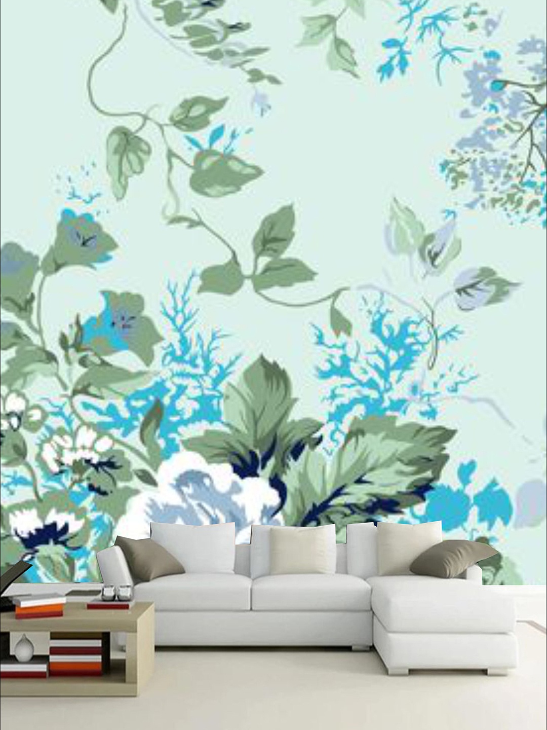 KSHIRSA Blue & Green Floral Self Adhesive Removable Wallpaper