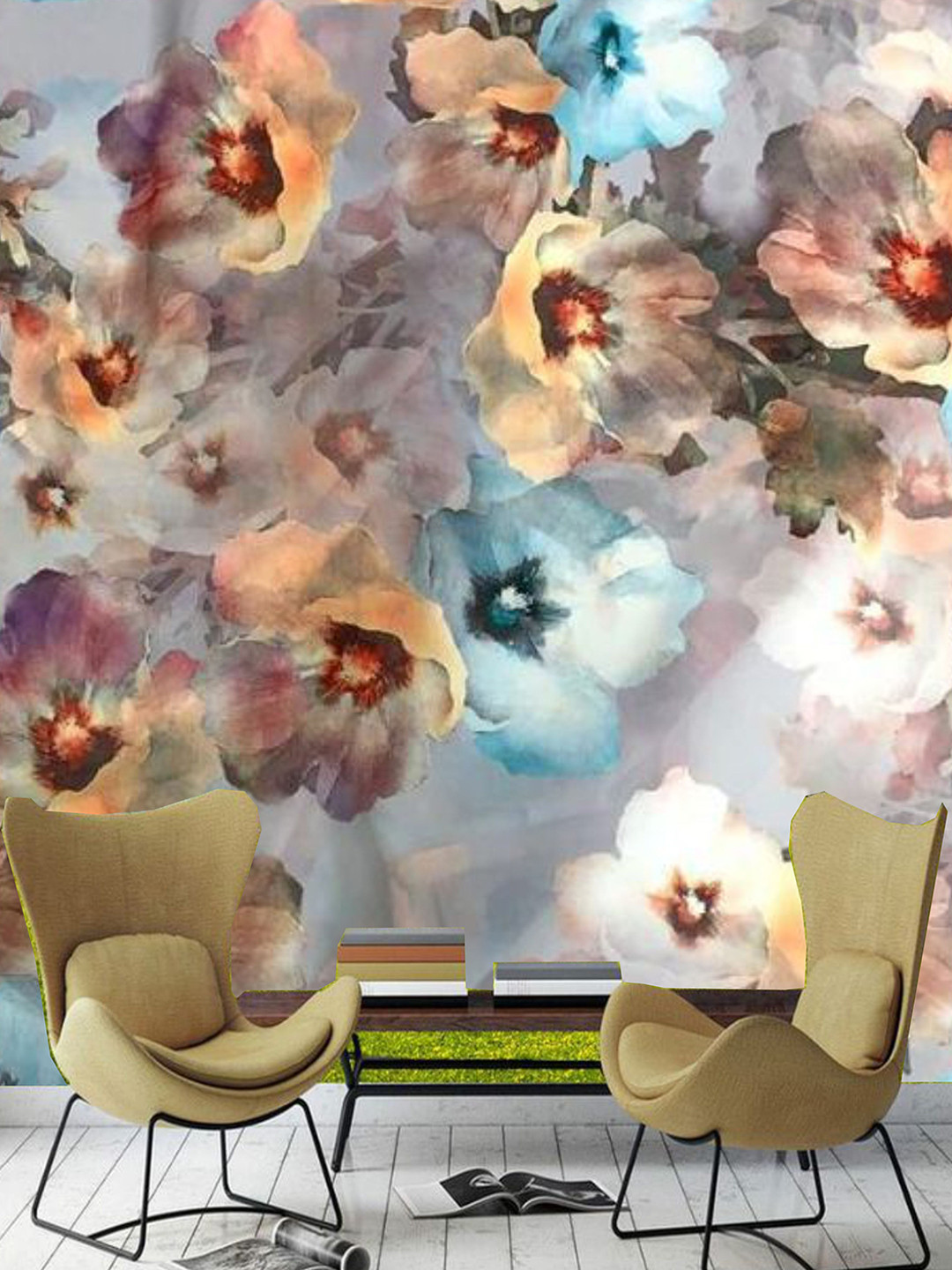 

KSHIRSA Beige & Blue Floral Self Adhesive Removable Wallpaper