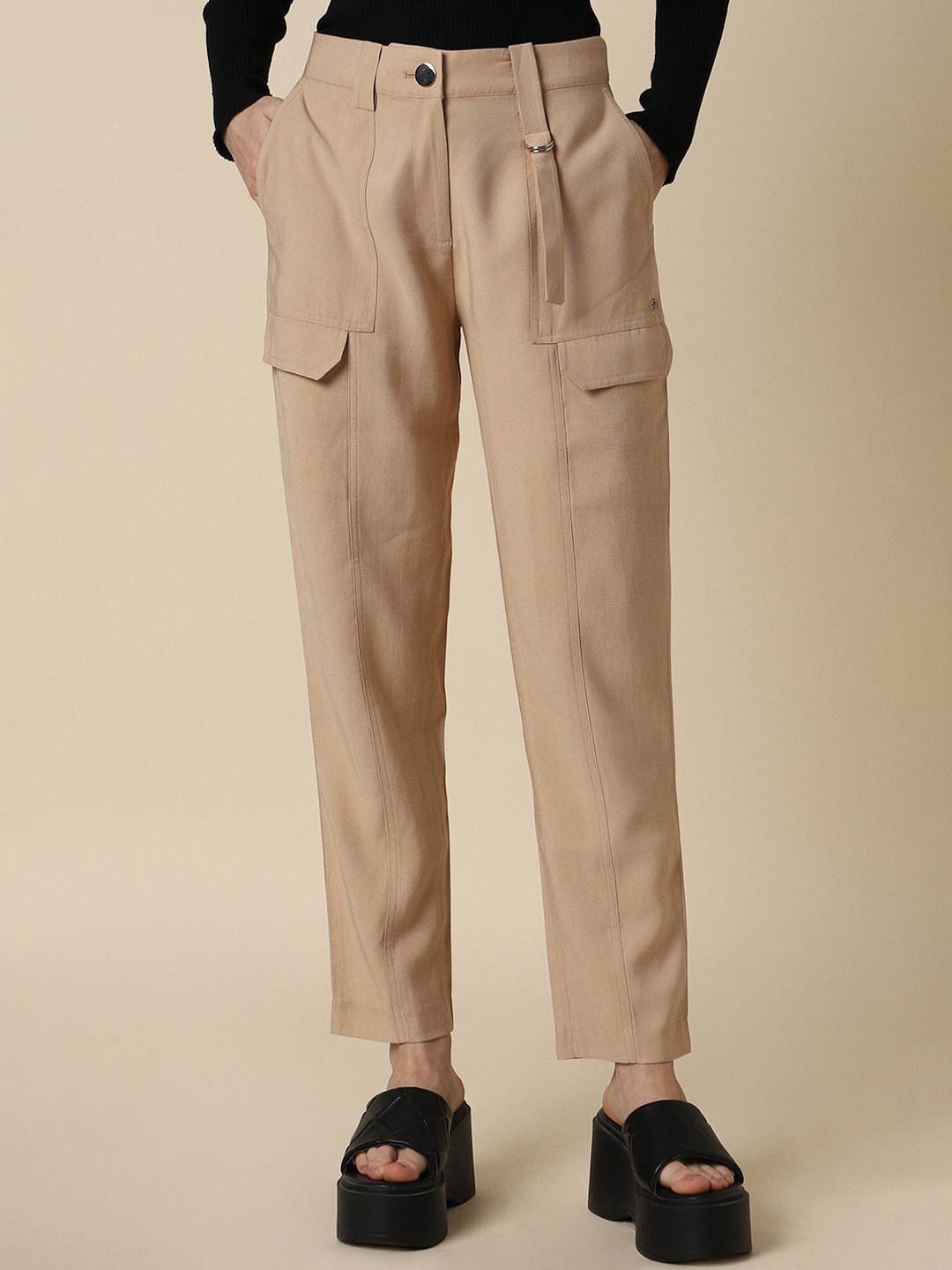 Allen Solly Woman Mid-Rise Pleated Cargos, Beige