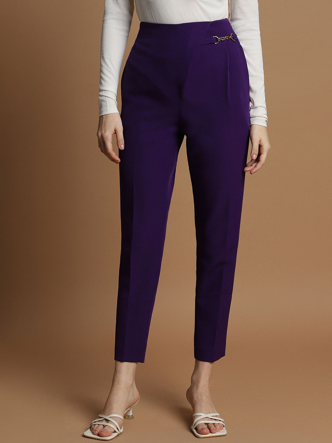 

Allen Solly Woman Mid-Rise Slim Fit Cropped Trousers, Purple