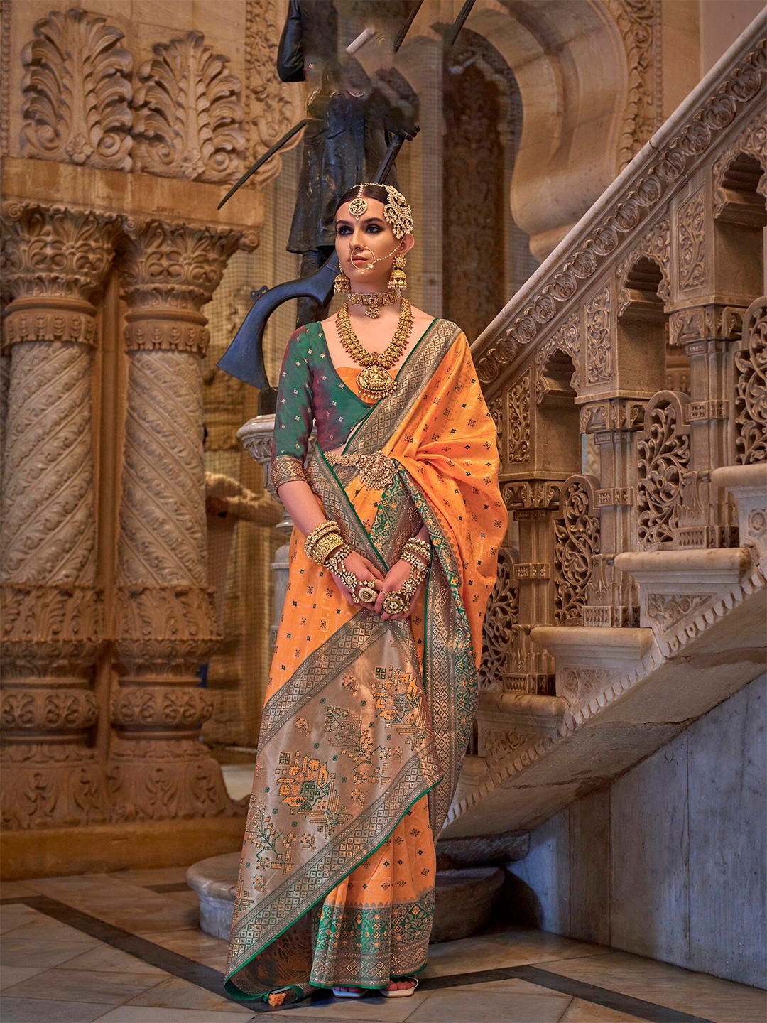 elora Ethnic Motifs Woven Design Zari Banarasi Saree, Yellow