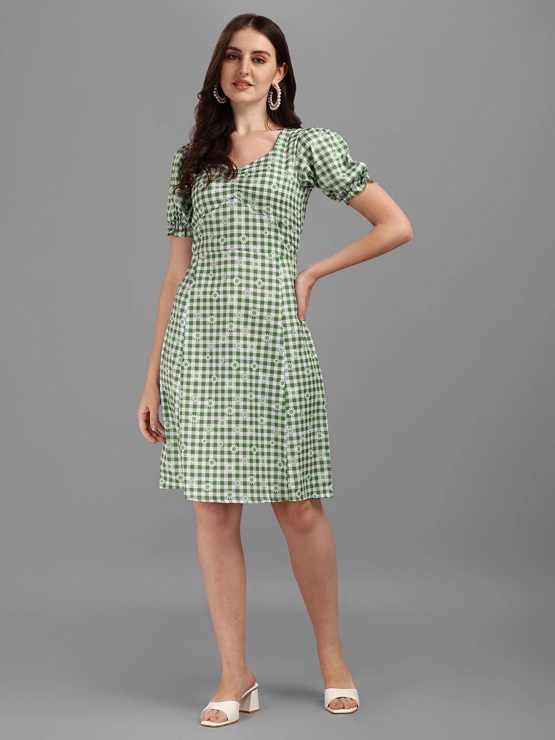 

KALINI Checked V-Neck Puff Sleeves Sheath Dress, Sea green