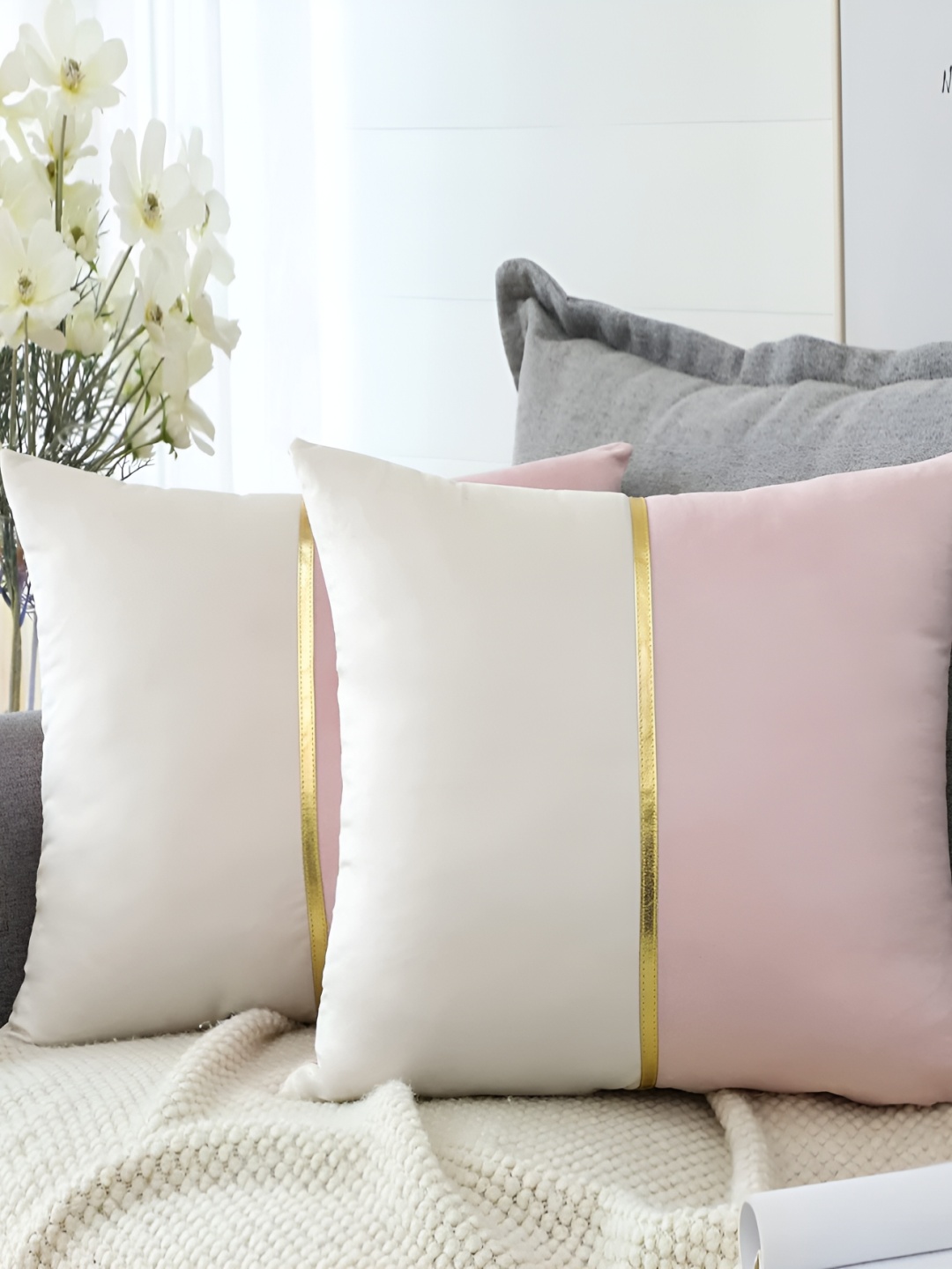 

Vinayaka Fab Pink & White 2 Pieces Velvet Square Cushion Covers