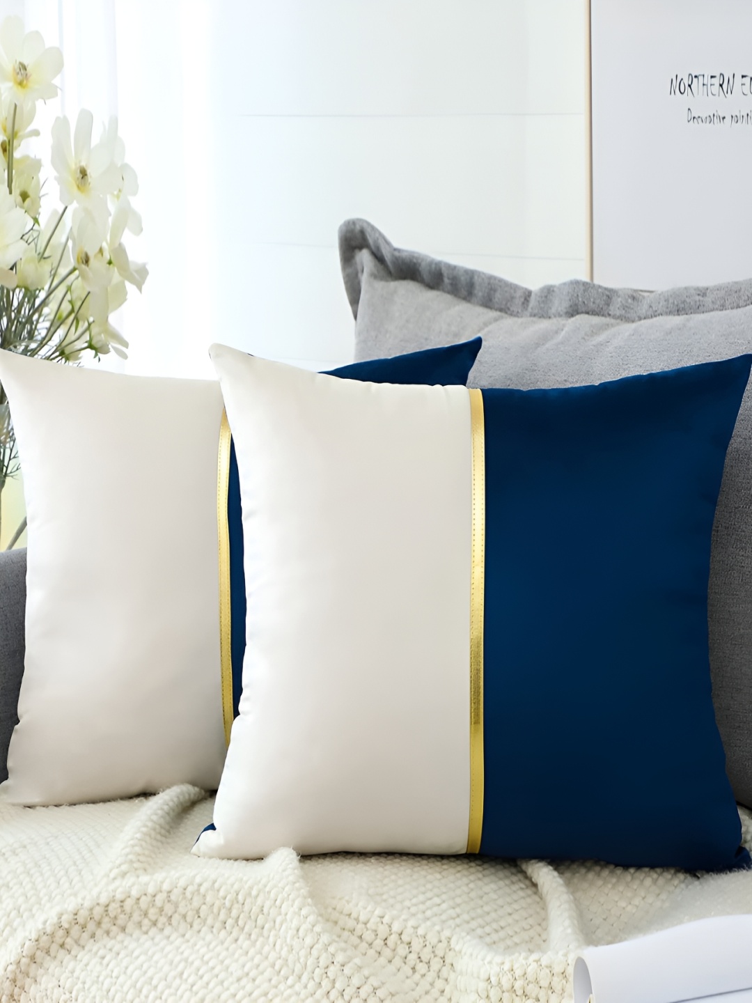 

Vinayaka Fab Navy Blue & White 2 Pieces Velvet Square Cushion Covers