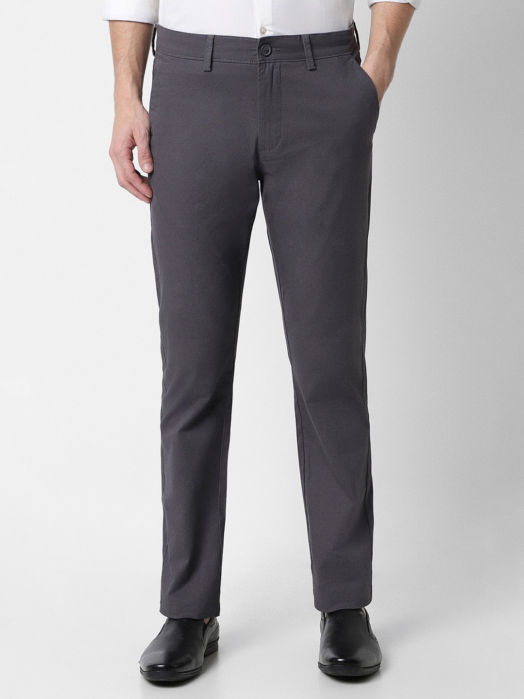 

Peter England Casuals Men Slim Fit Mid Rise Trousers, Grey