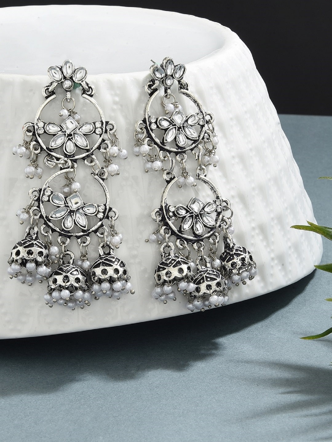 

Fida Silver Plated Dome Shaped Kundan Jhumka Earrings, Grey