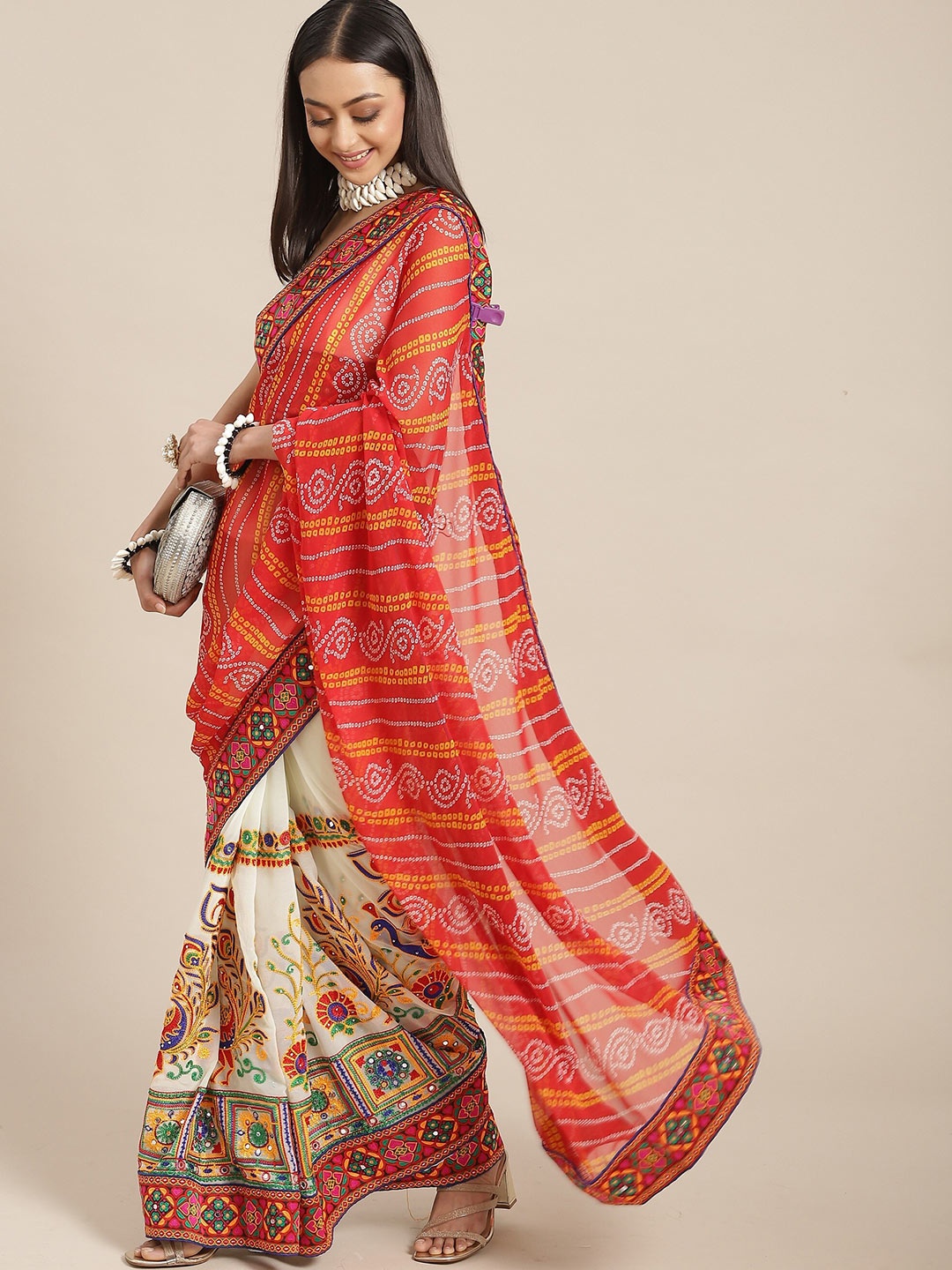 KALINI Printed Embroidered Half and Half Bandhani Saree, Red
