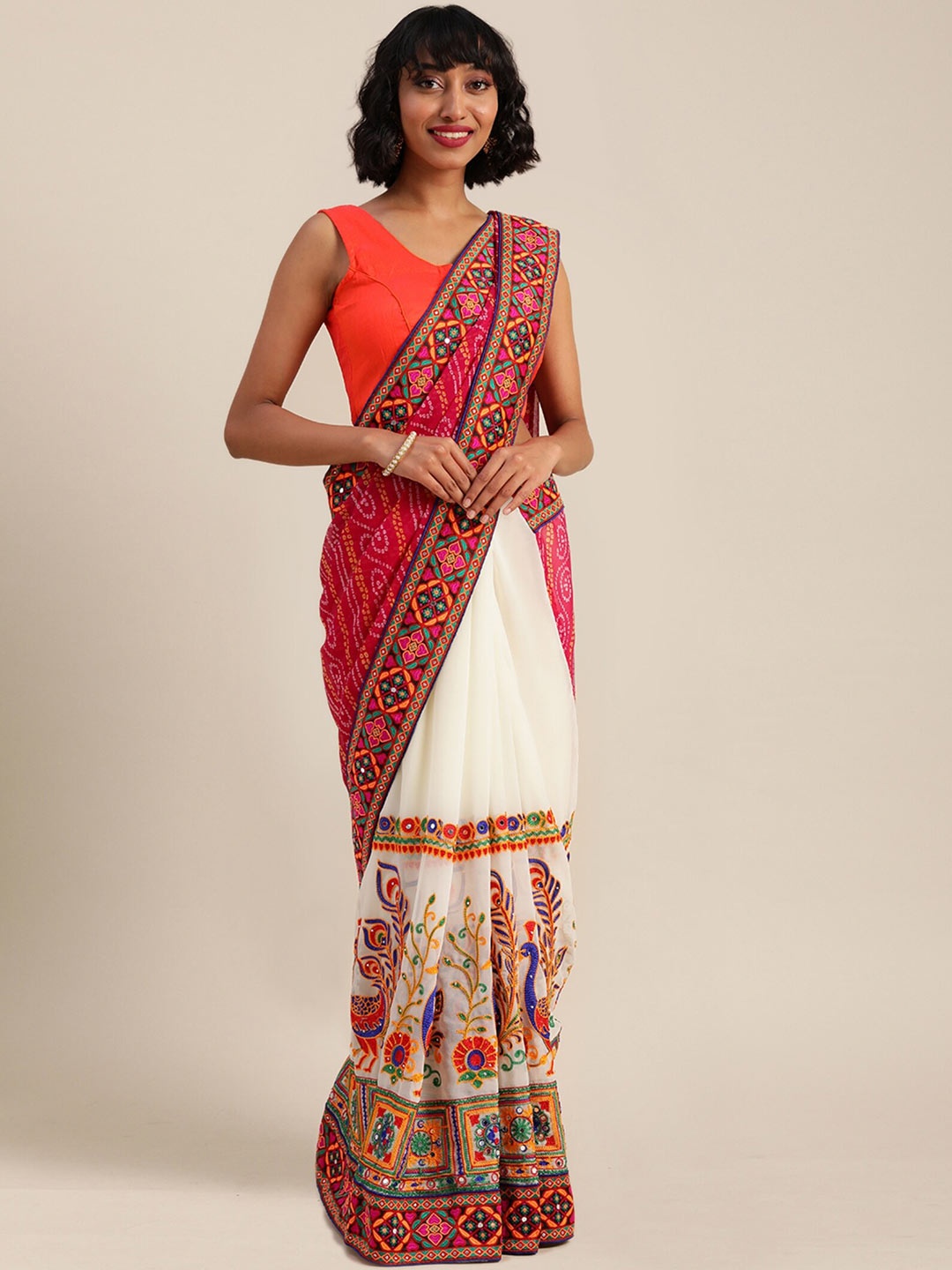 

KALINI Bandhani Printed Embroidered Half and Half Bandhani Saree, Pink