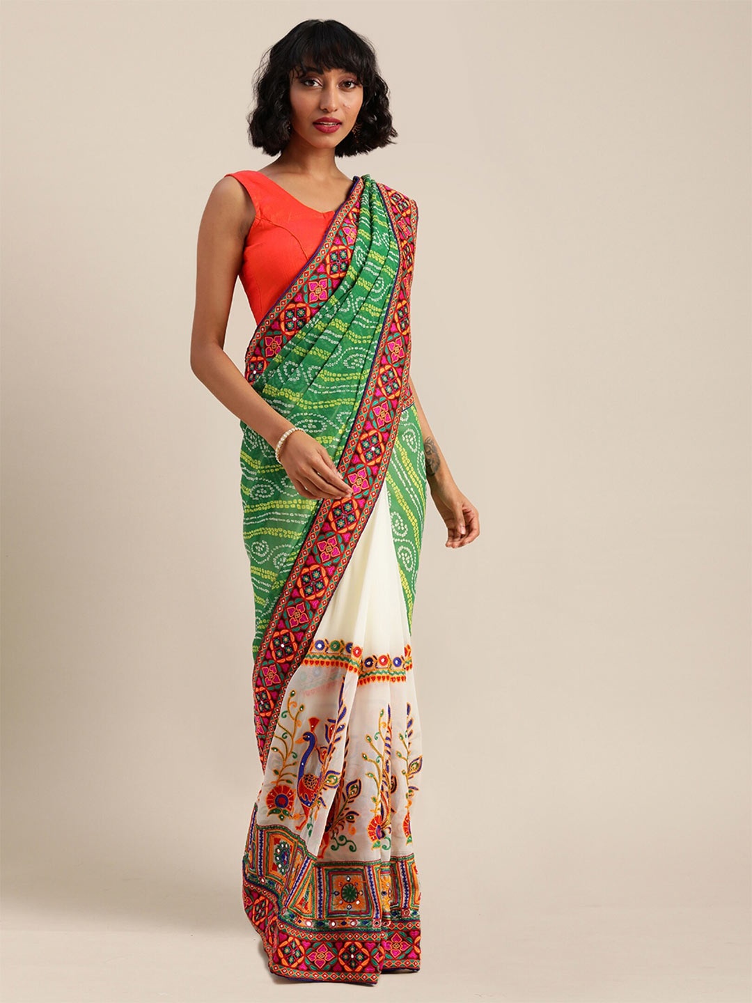 

KALINI Bandhani Printed Beads and Stones Half and Half Saree, Green