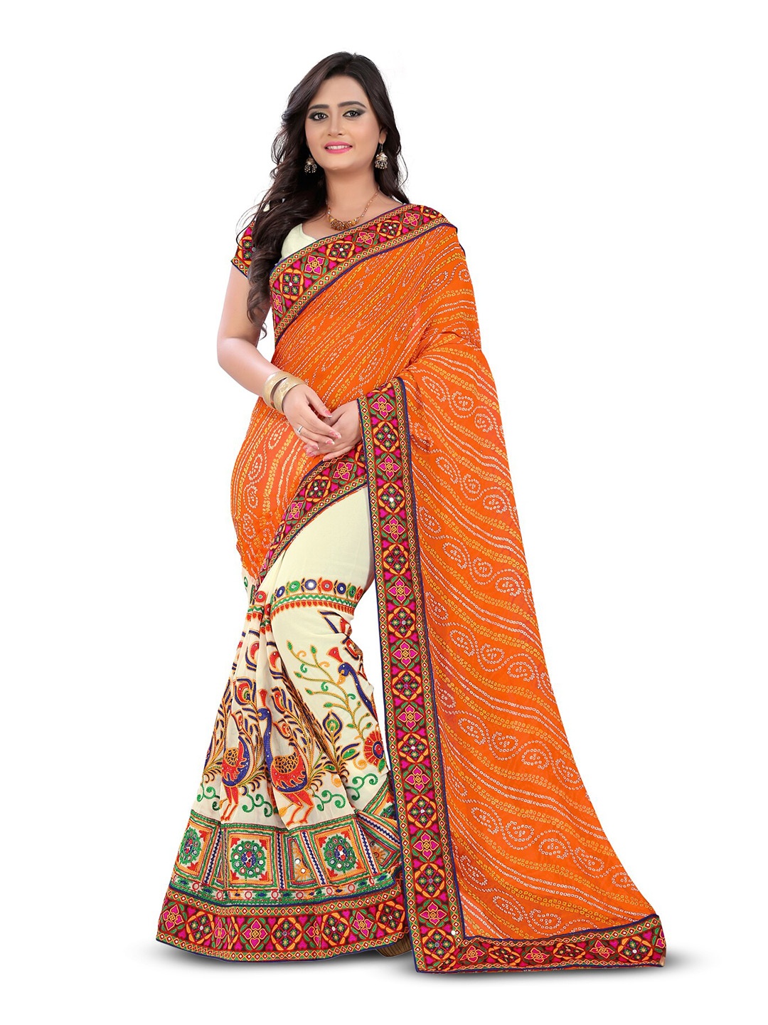 KALINI Printed Embroidered Half and Half Bandhani Saree, Orange