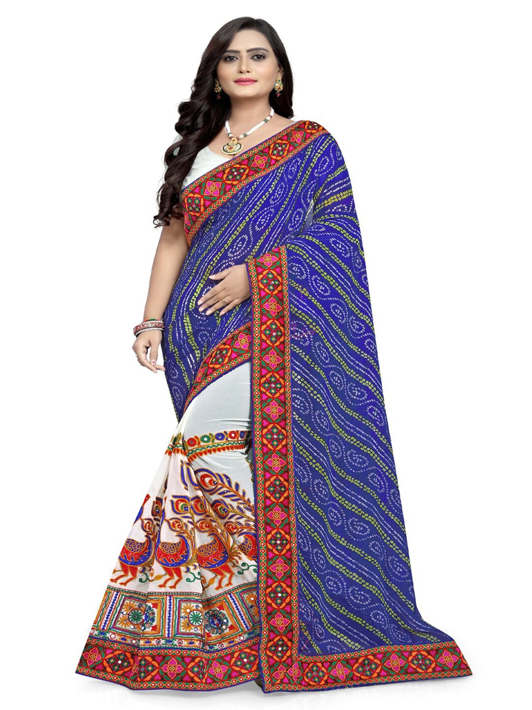 

KALINI Printed Embroidered Half and Half Bandhani Saree, Blue