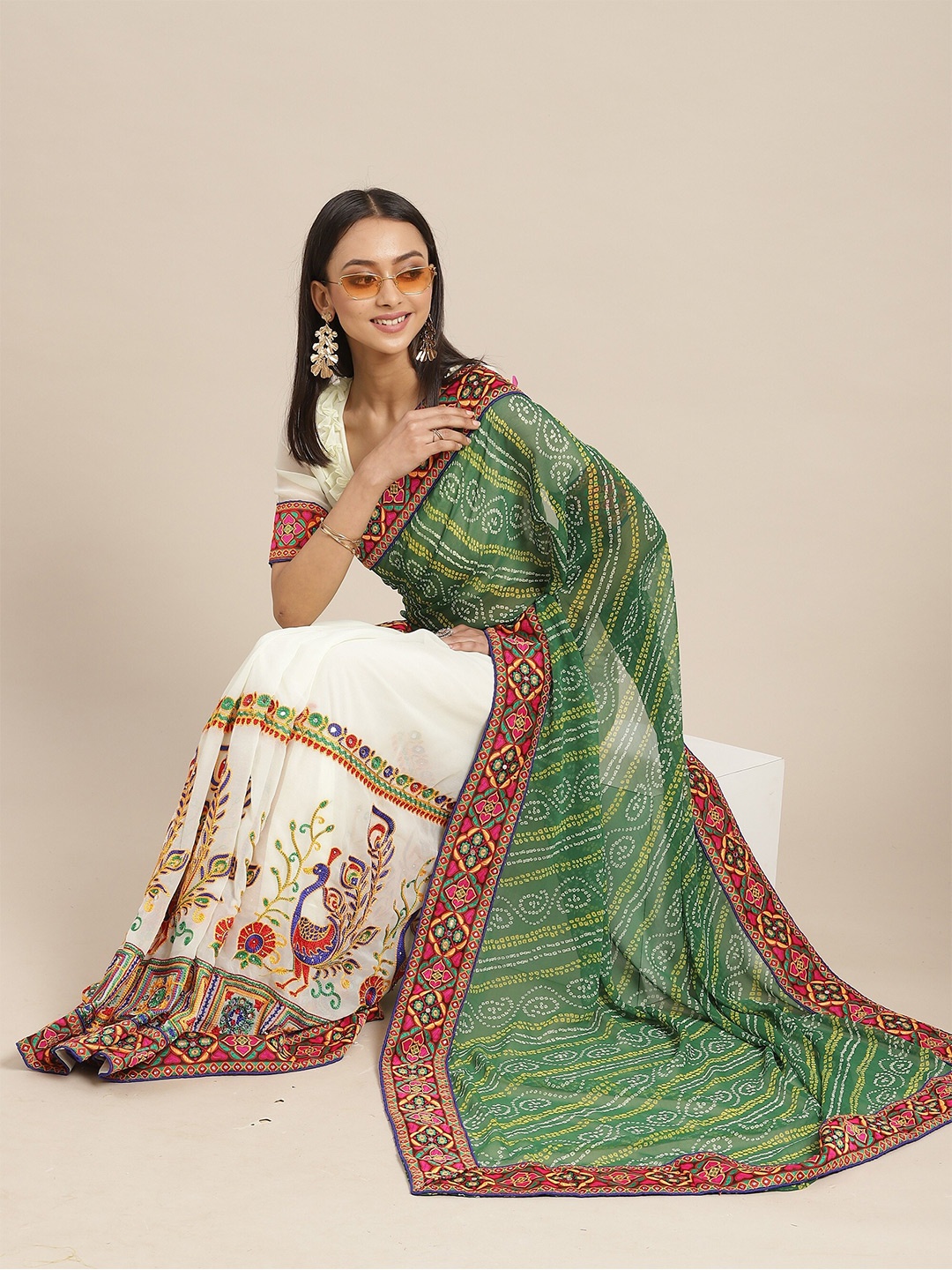 

KALINI Printed Embroidered Half and Half Bandhani Saree, Green
