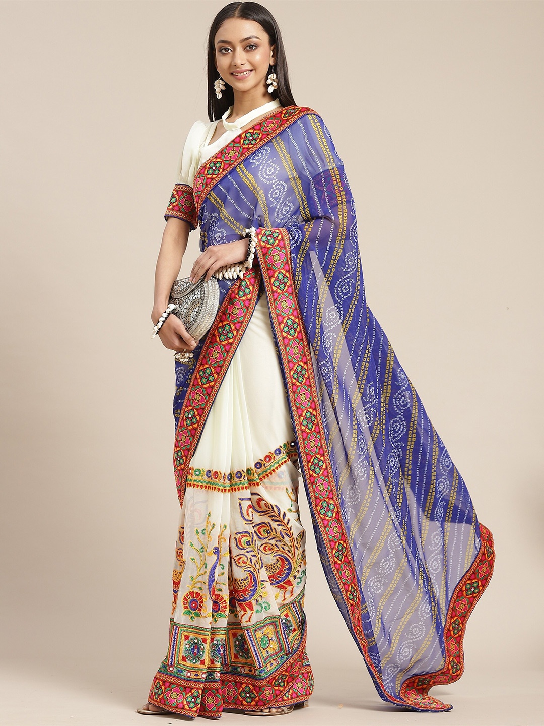 KALINI Bandhani Printed Beads and Stones Half and Half Bandhani Saree, Blue