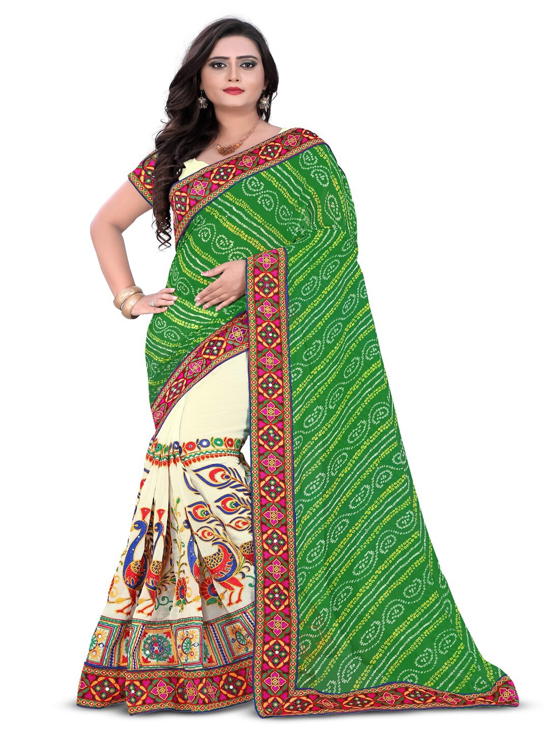 

KALINI Bandhani Printed Beads and Stones Half and Half Bandhani Saree, Green
