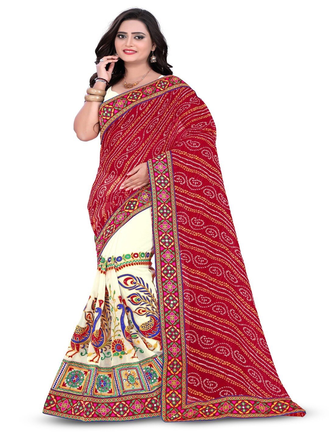 KALINI Printed Embroidered Half and Half Bandhani Saree, Red