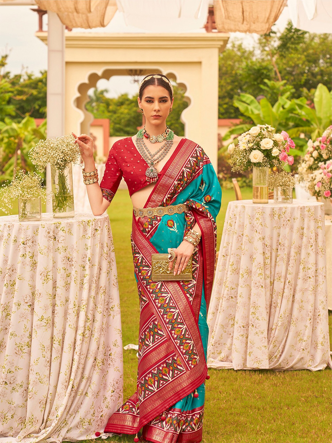 

elora Ethnic Motifs Printed Silk Cotton Designer Patola Saree, Sea green