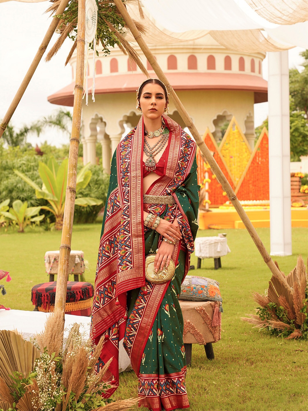 elora Ethnic Motifs Printed Silk Cotton Designer Patola Saree, Green
