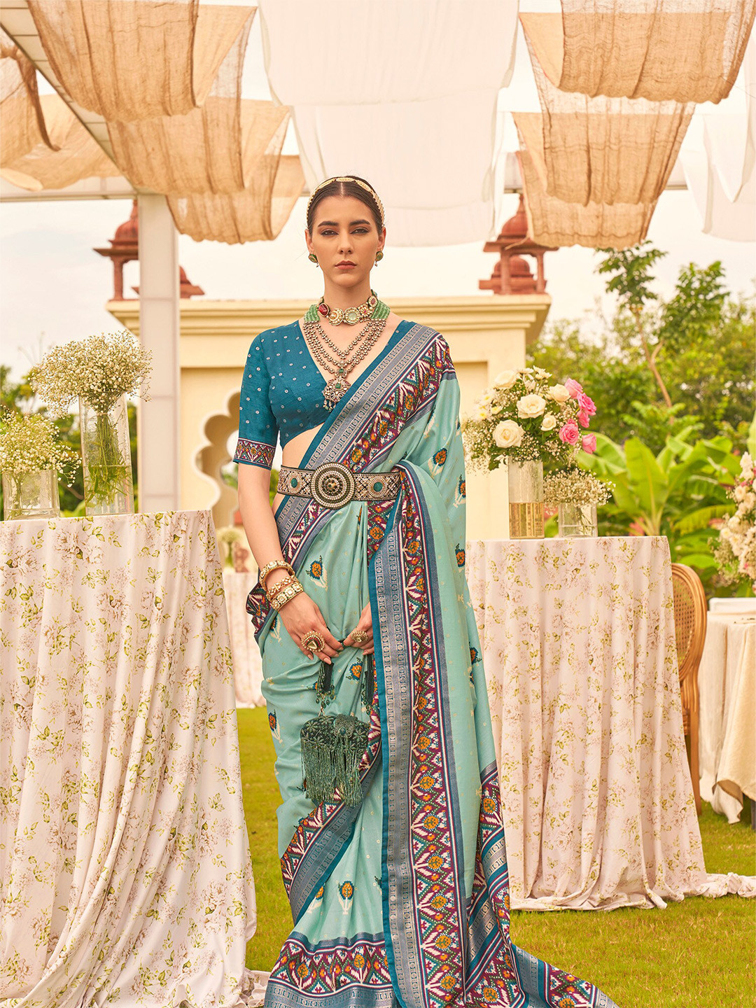 

elora Ethnic Motifs Printed Silk Cotton Designer Patola Saree, Blue