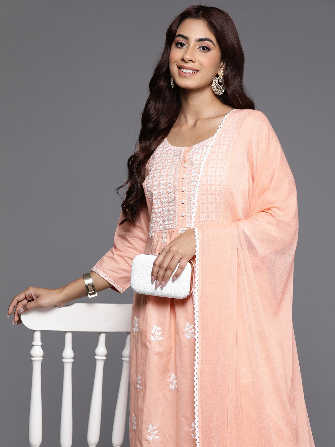 

Varanga Women Floral Embroidered Thread Work Kurta with Trousers & With Dupatta, Peach