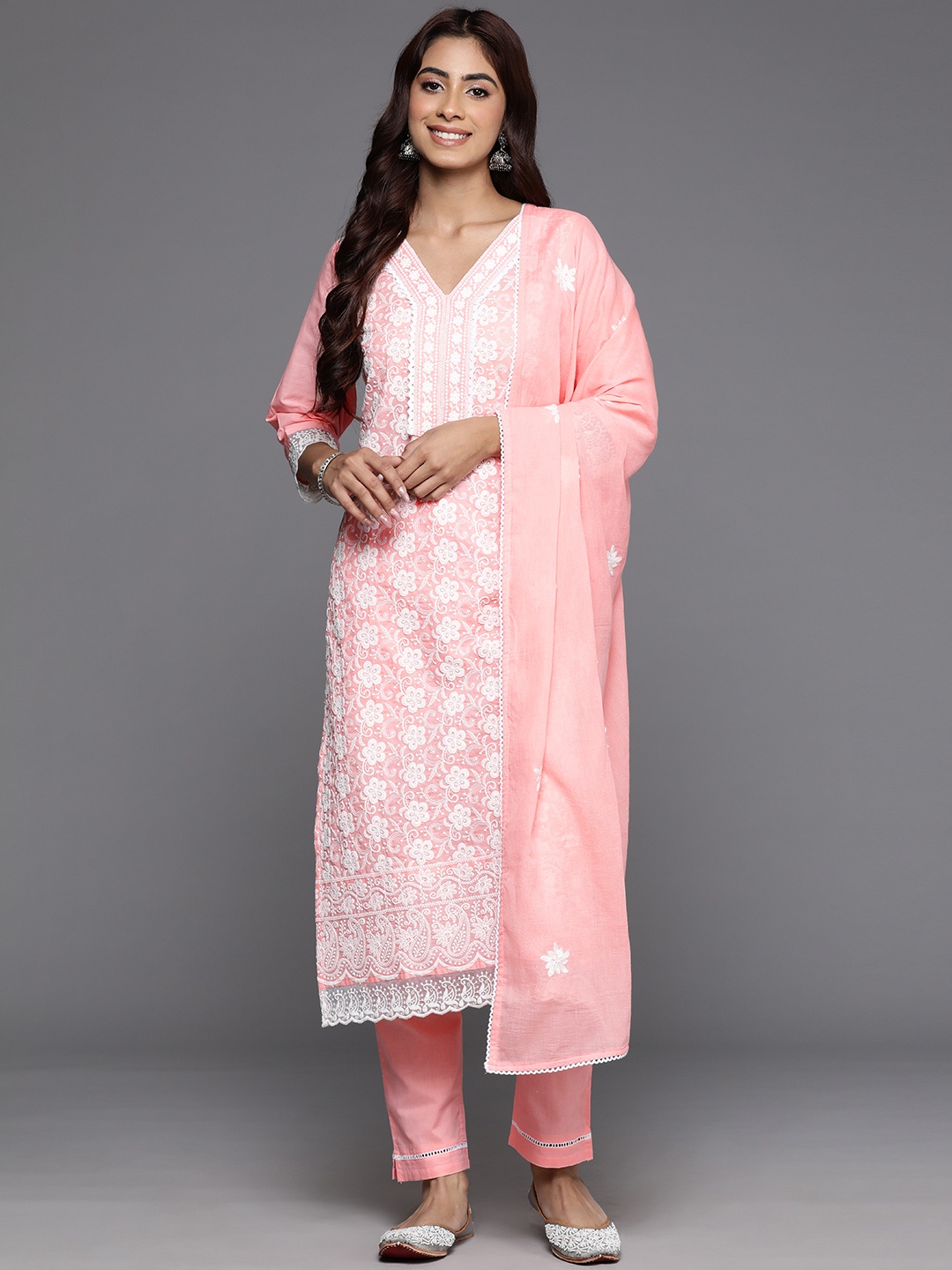 

Varanga Women Floral Embroidered Thread Work Kurta with Trousers & With Dupatta, Peach