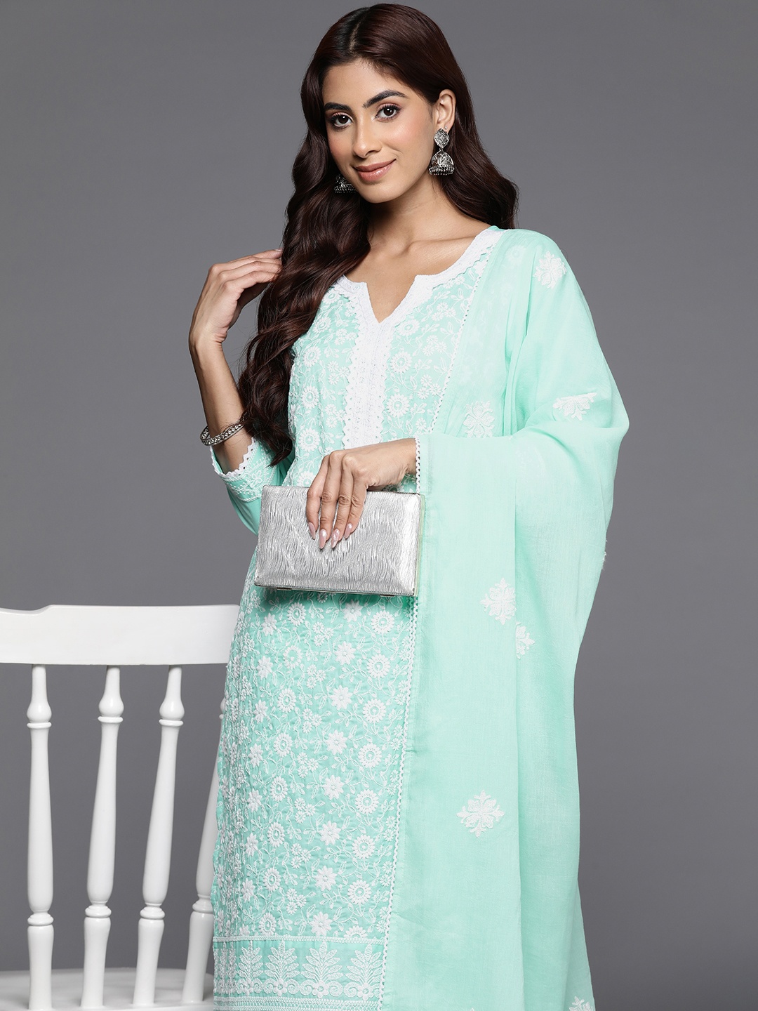 

Varanga Women Floral Embroidered Pure Cotton Kurta with Trousers & With Dupatta, Sea green