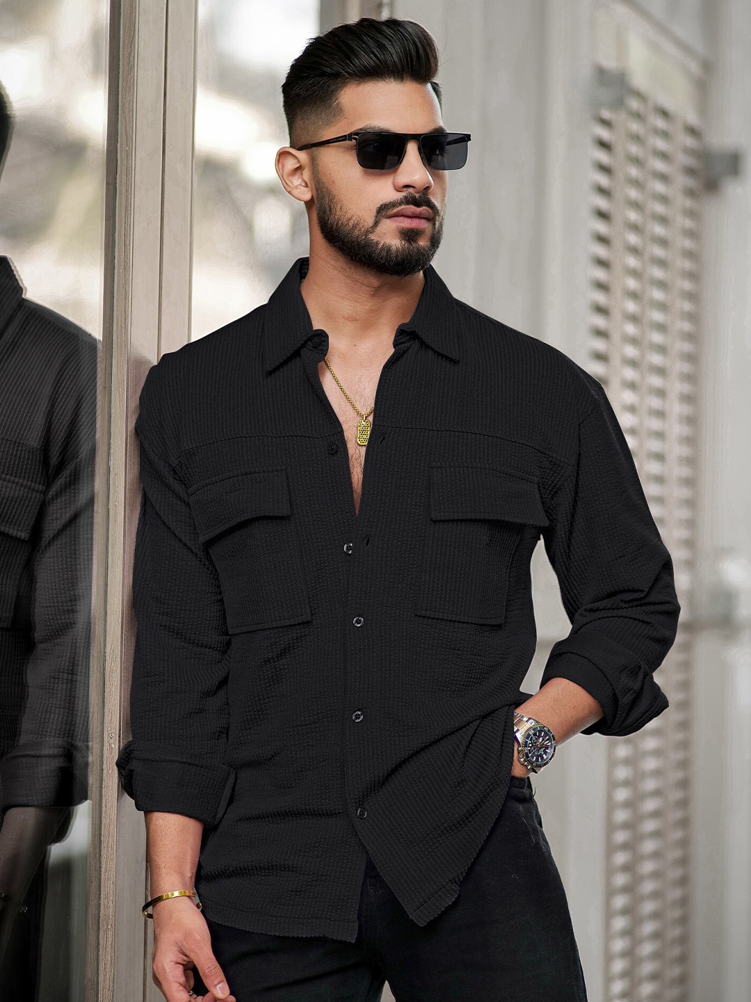 

Maniac Self Design Textured Classic Cotton Oversized Shirt, Black