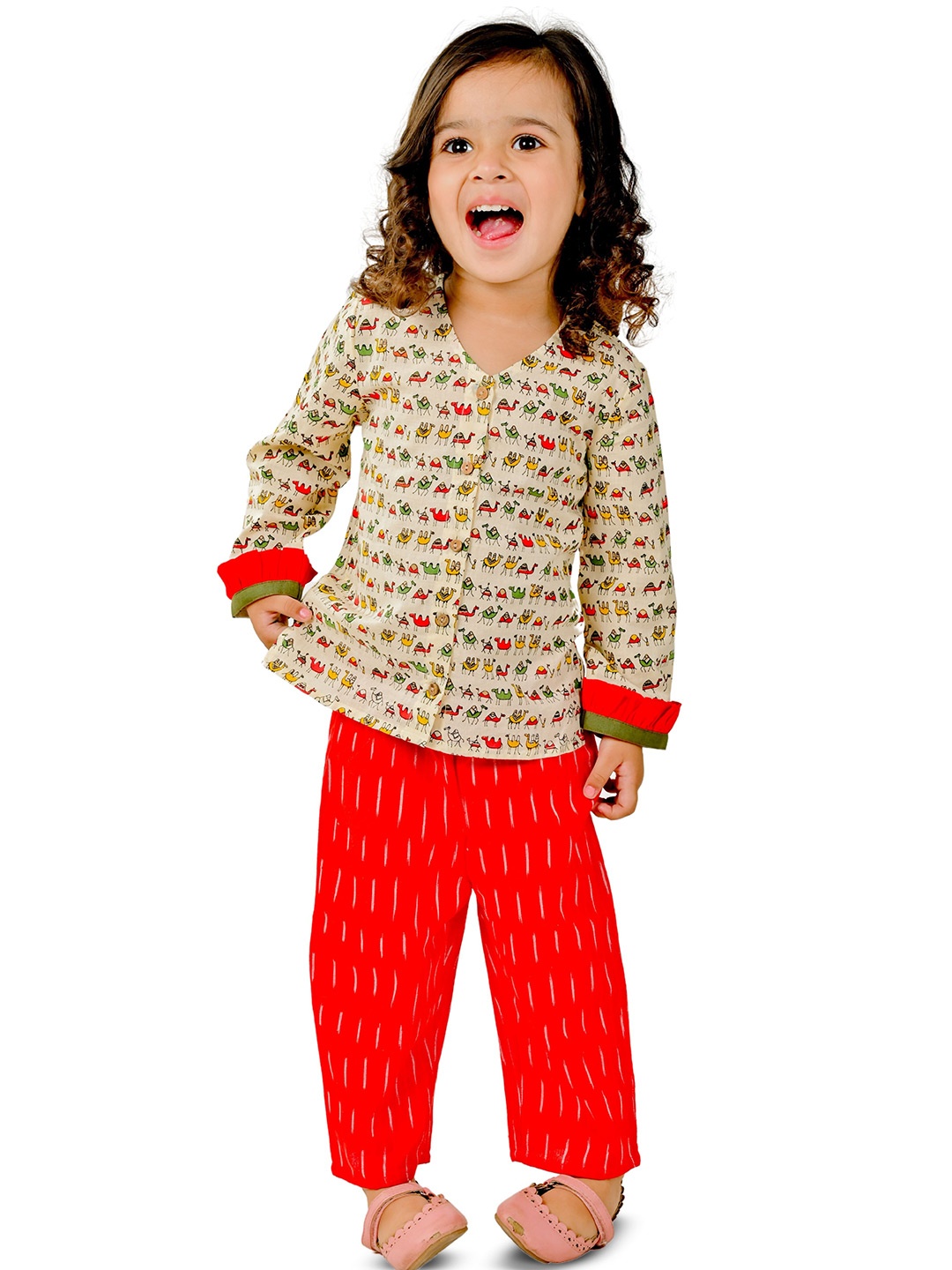 

Tiny Bunnies Girls Printed V-Neck Top with Trousers, Red