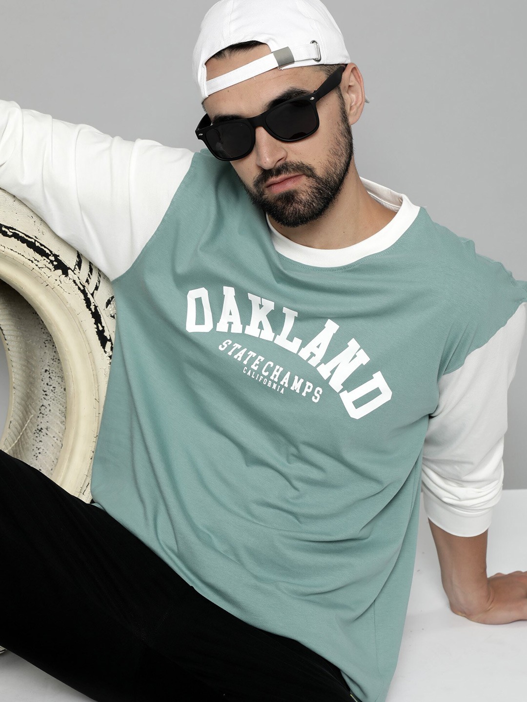 

Maniac Typography Printed Drop-Shoulder Sleeves Cotton Oversized T-shirt, Green