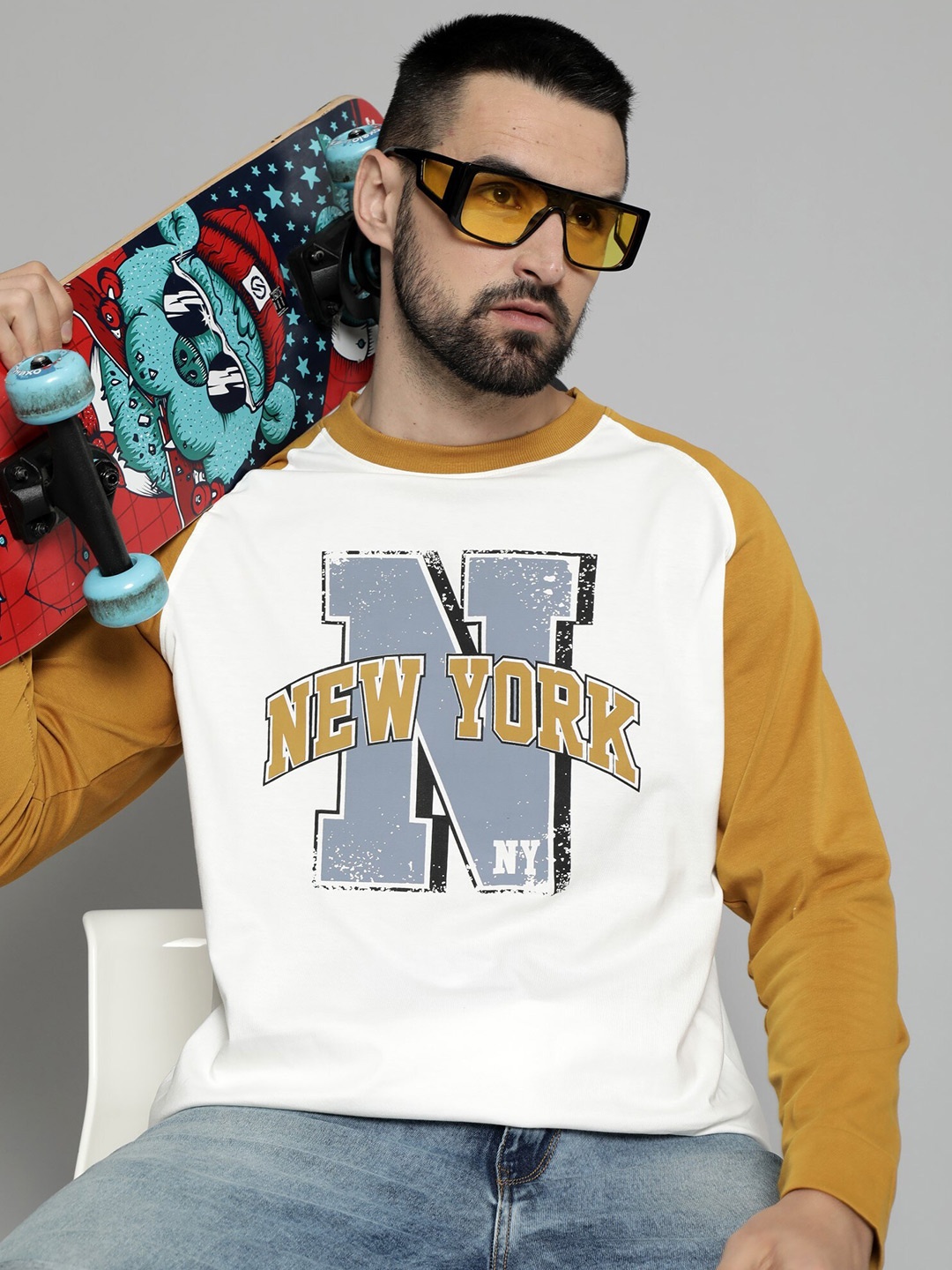 

Maniac Typography Printed Raglan Sleeves Cotton Oversized T-shirt, White