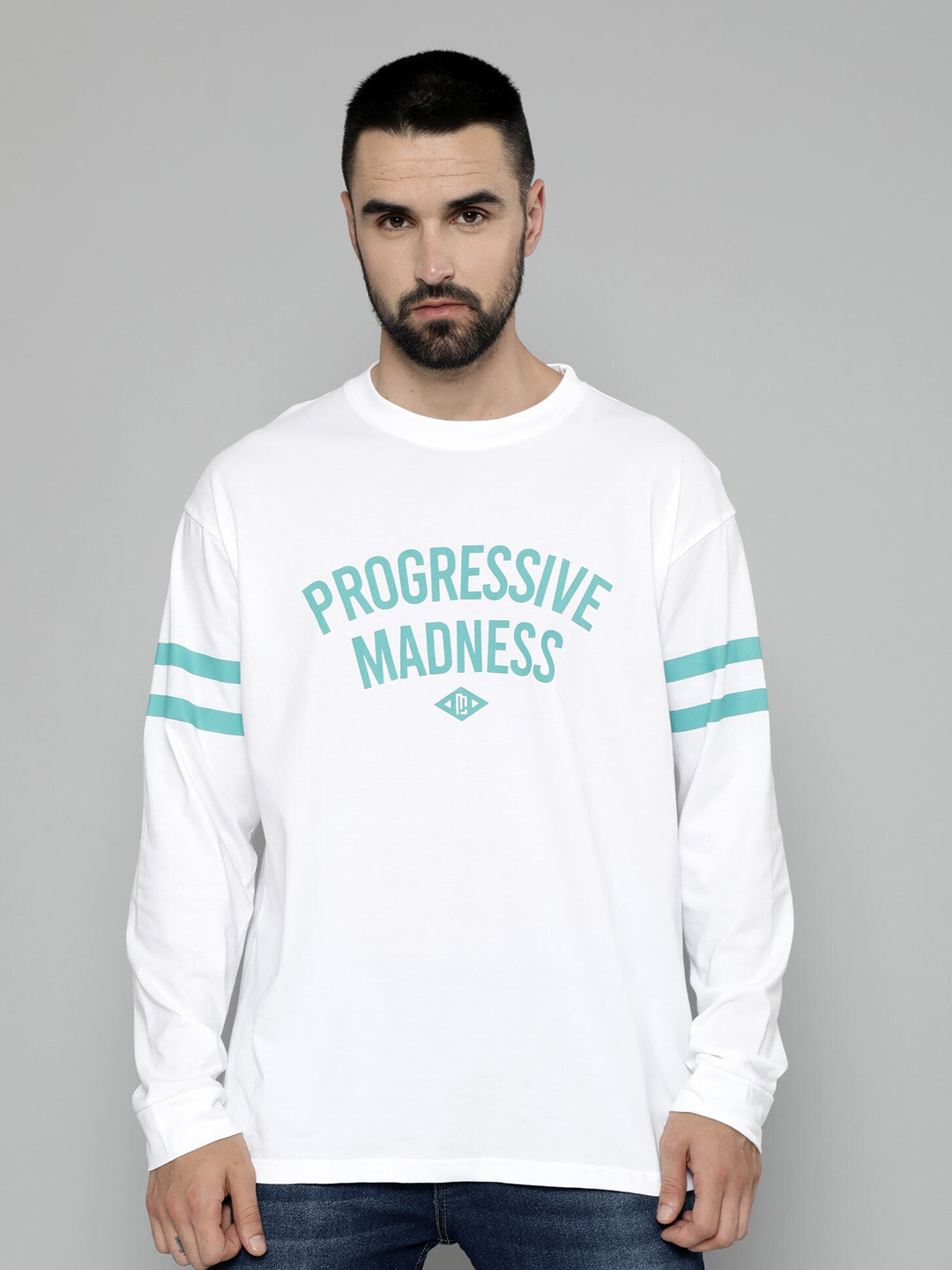 

Maniac Typography Printed Drop-Shoulder Sleeves Cotton Oversized T-shirt, White