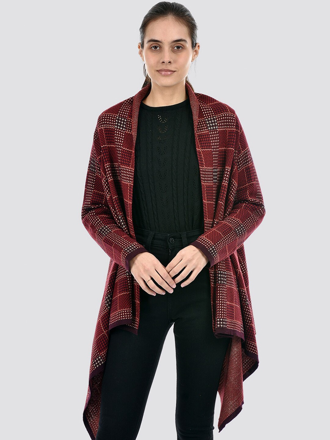

American Eye Self Design Acrylic Open Front Shrug, Maroon