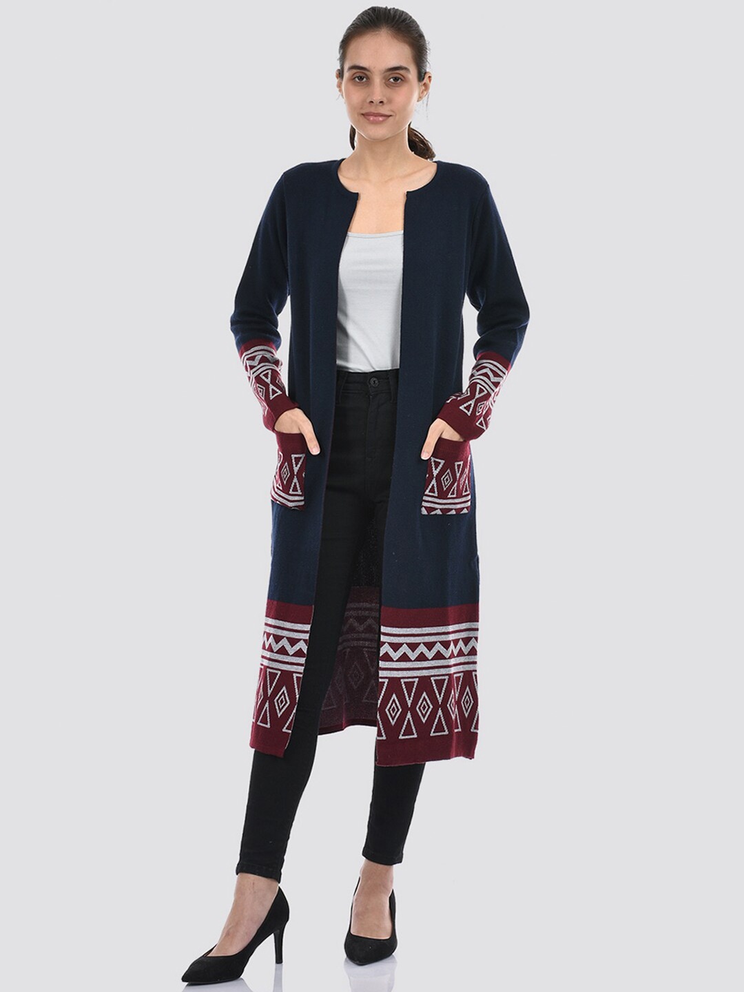 

American Eye Geometric Printed Acrylic Longline Shrug, Navy blue