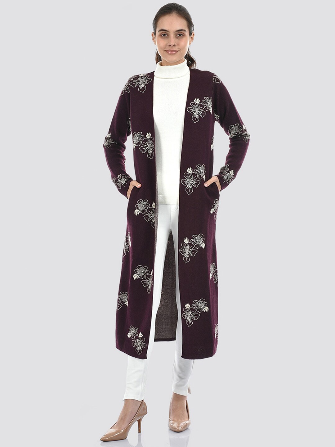 

American Eye Floral Printed Acrylic Longline Shrug, Purple