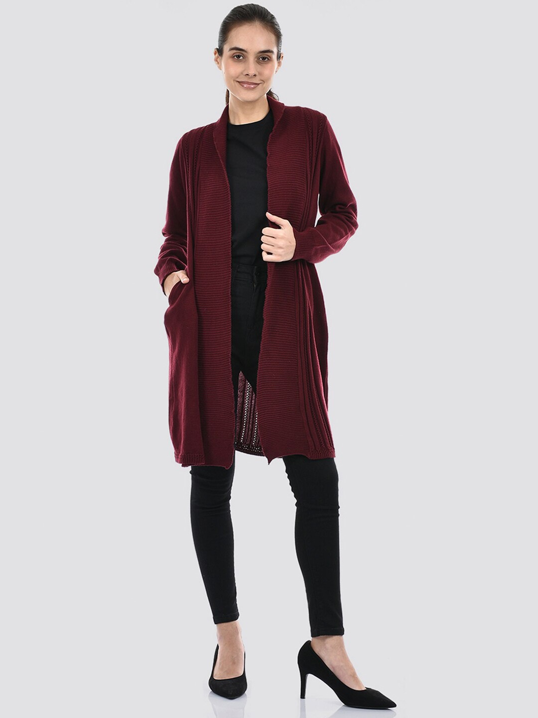 

American Eye Self Design Acrylic Longline Open Front Shrug, Maroon
