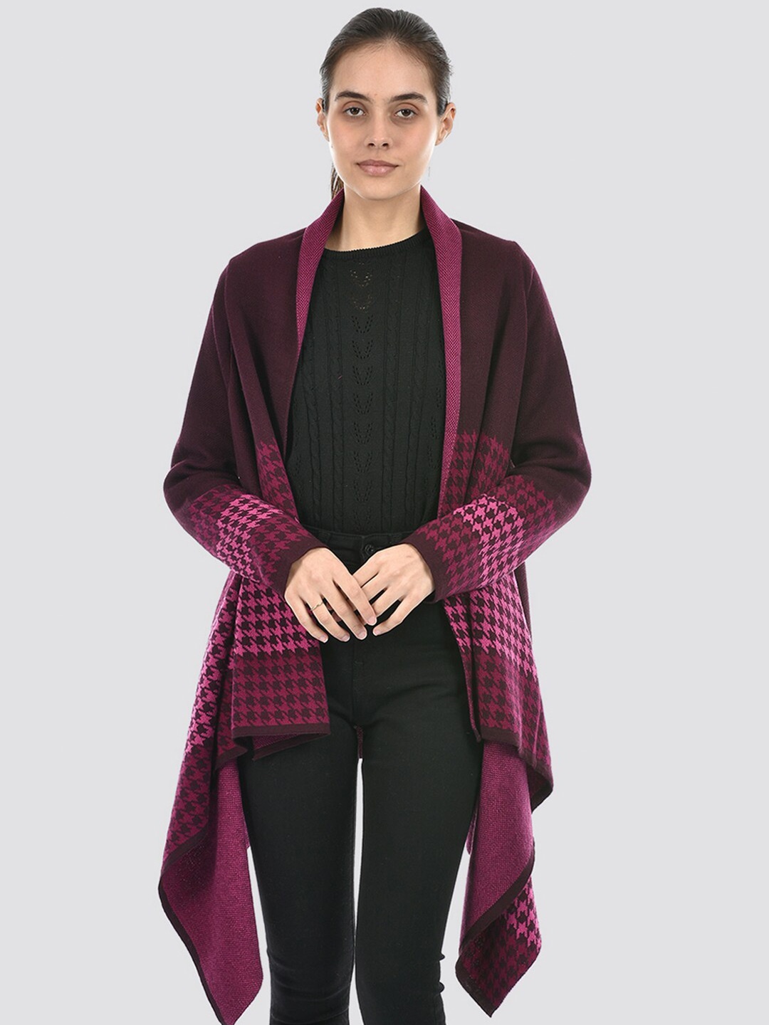 

American Eye Geometric Self Design Acrylic Open Front Shrug, Purple