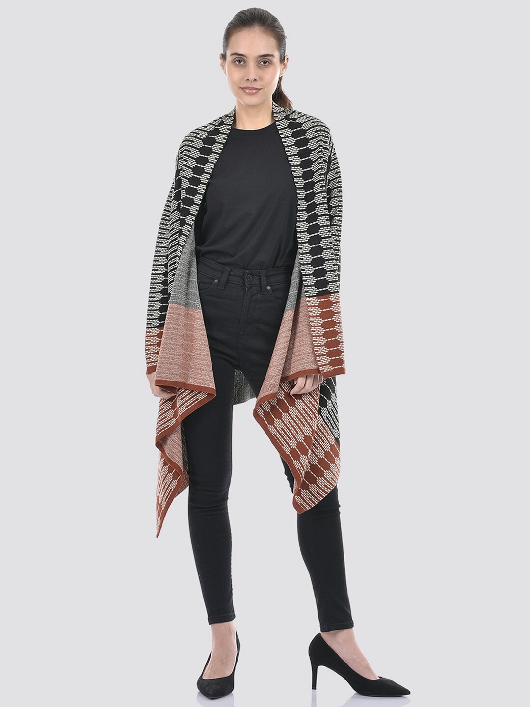 American Eye Geometric Self Design Acrylic Open Front Shrug, Black