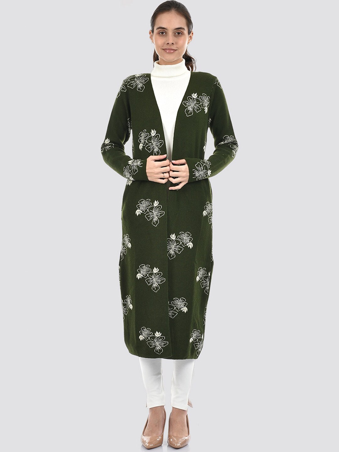 

American Eye Floral Printed Long Sleeves Acrylic Longline Shrug, Green