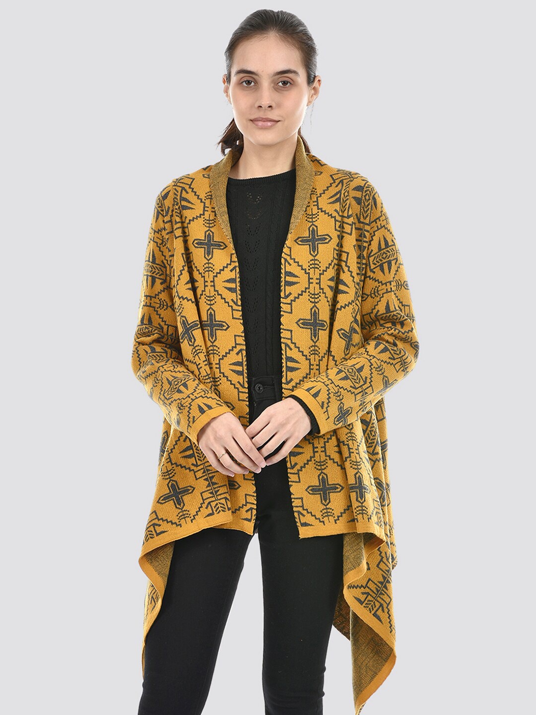 

American Eye Geometric Printed Long Sleeves Acrylic Longline Shrug, Yellow