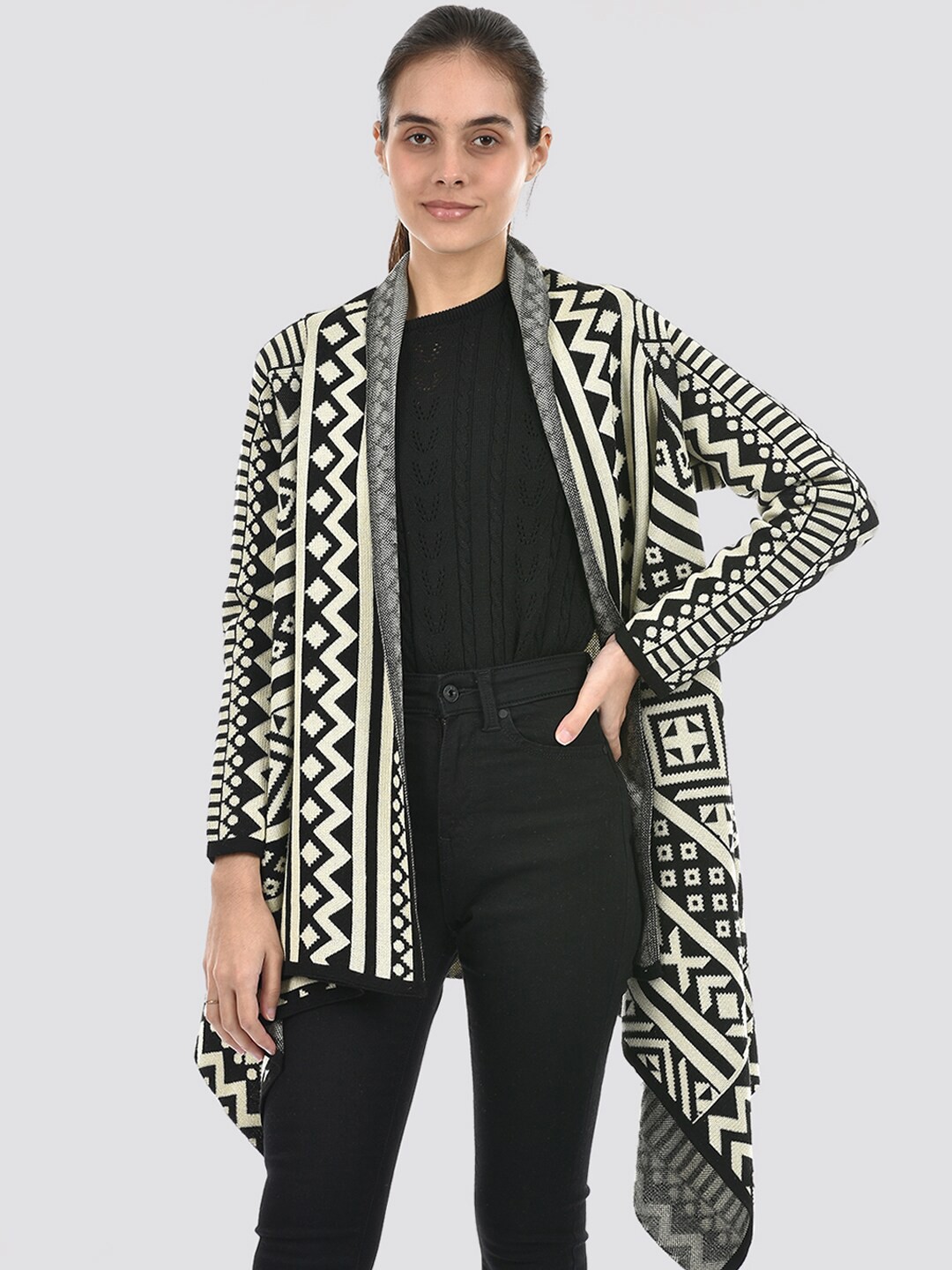 

American Eye Geometric Printed Long Sleeves Acrylic Longline Shrug, Black