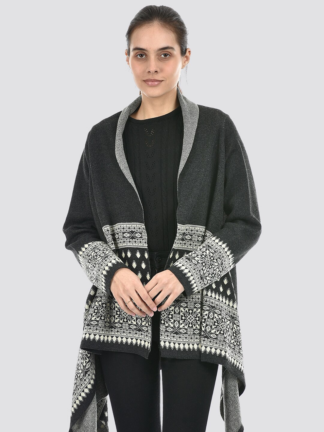 

American Eye Geometric Printed Long Sleeves Acrylic Longline Shrug, Grey