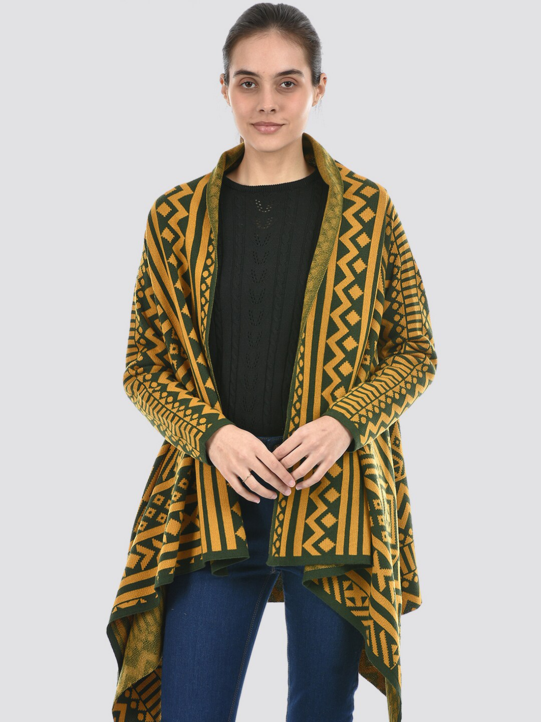 

American Eye Geometric Printed Long Sleeves Acrylic Longline Shrug, Green