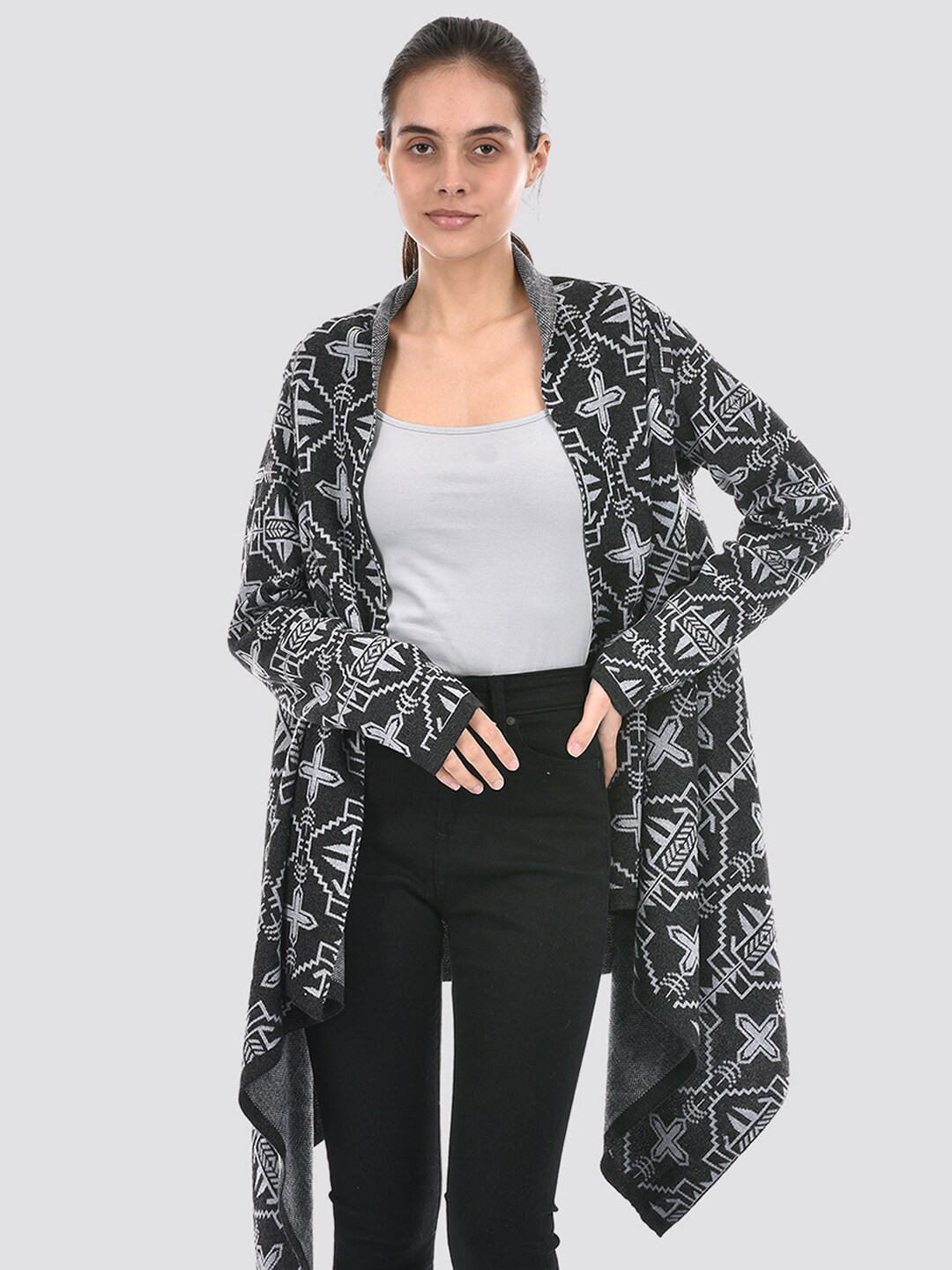 

American Eye Ethnic Motifs Printed Acrylic Open Front Shrug, Grey
