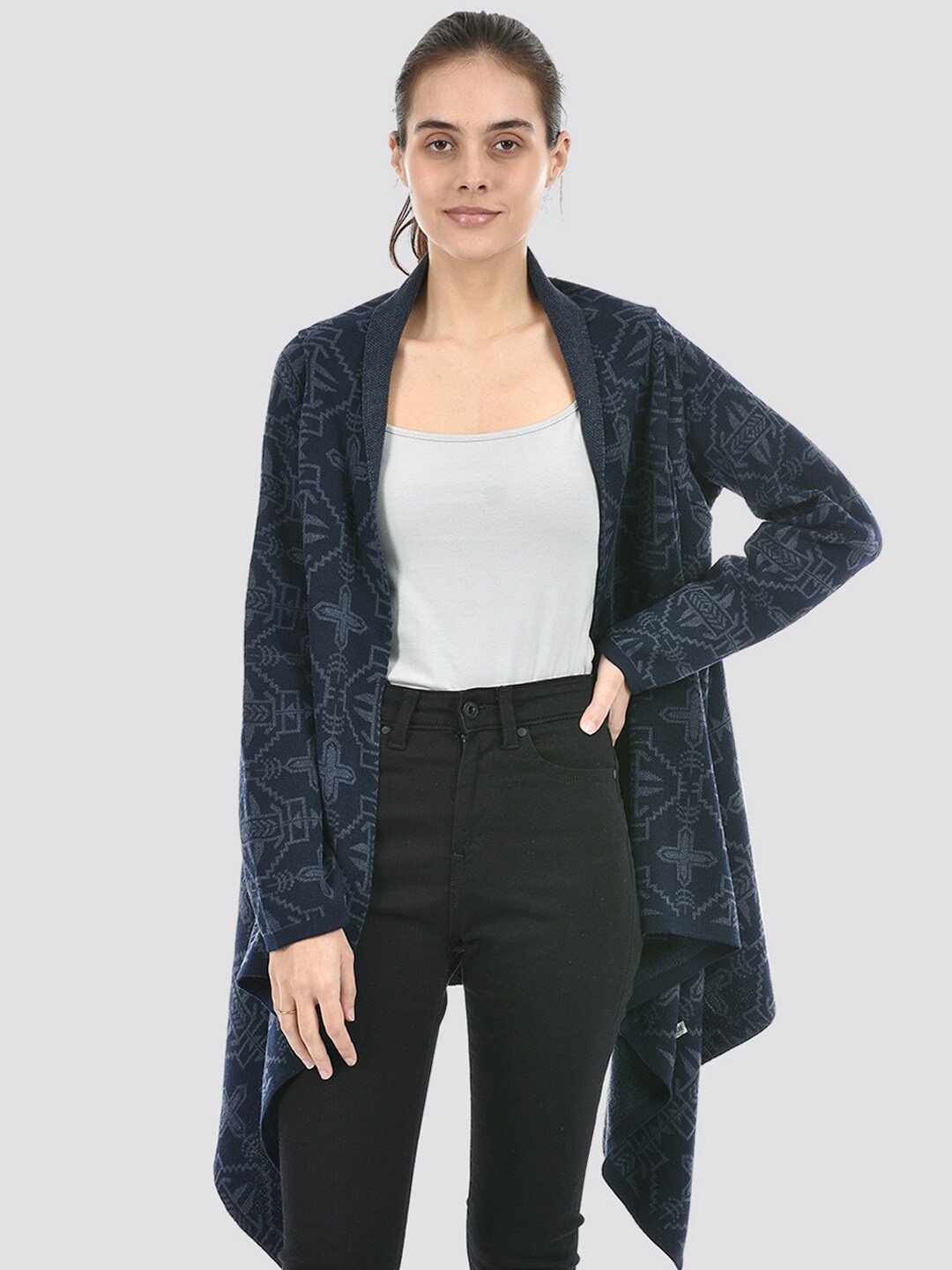 

American Eye Ethnic Motifs Printed Acrylic Open Front Shrug, Navy blue