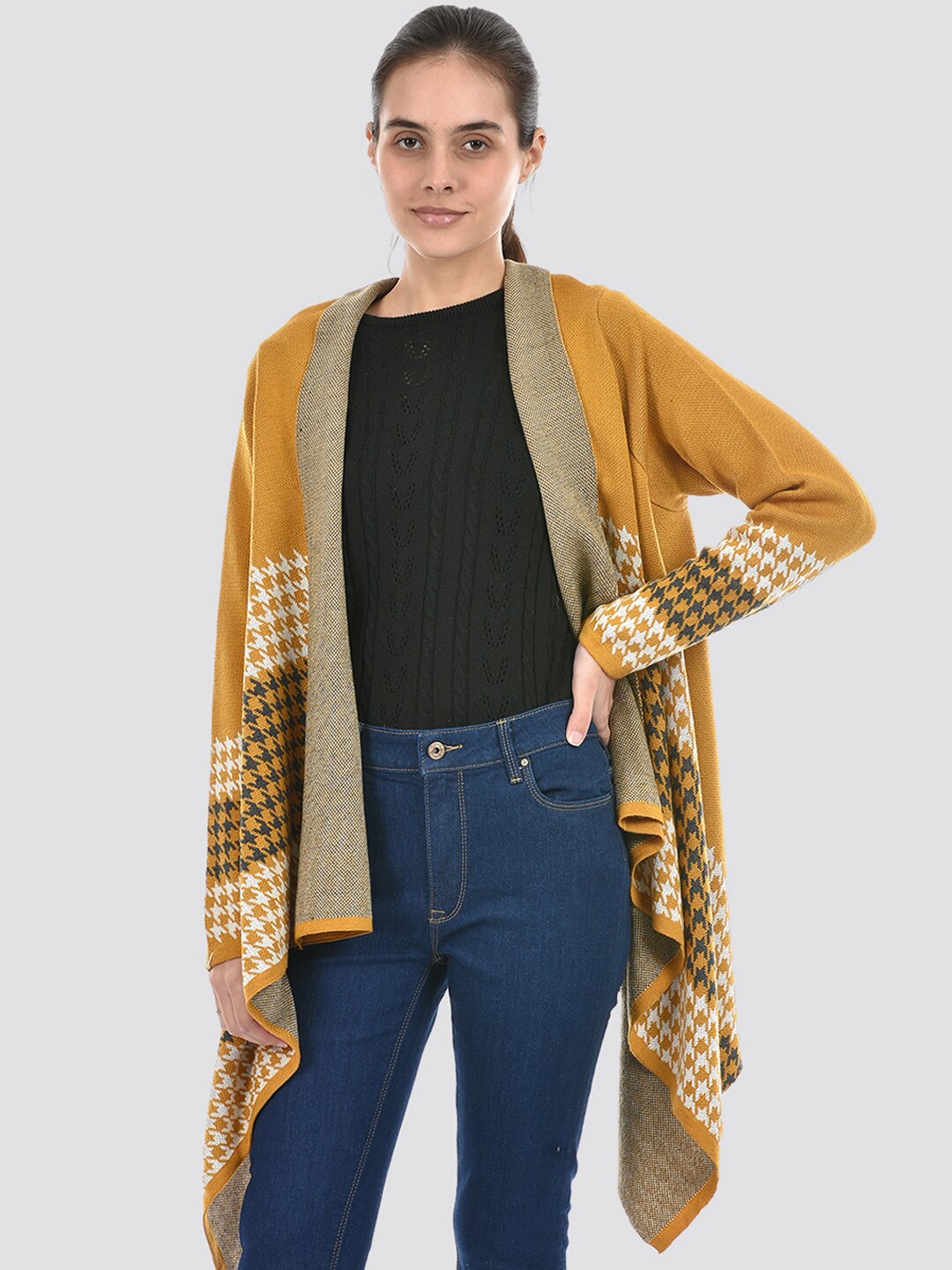 

American Eye Ethnic Motifs Printed Acrylic Open Front Shrug, Yellow