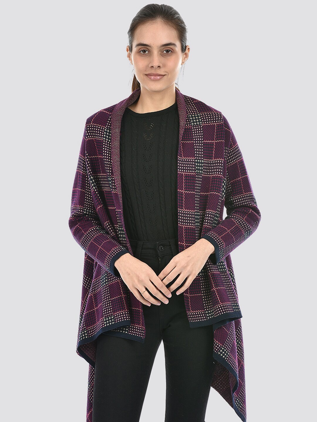 

American Eye Geometric Printed Acrylic Open Front Shrug, Purple