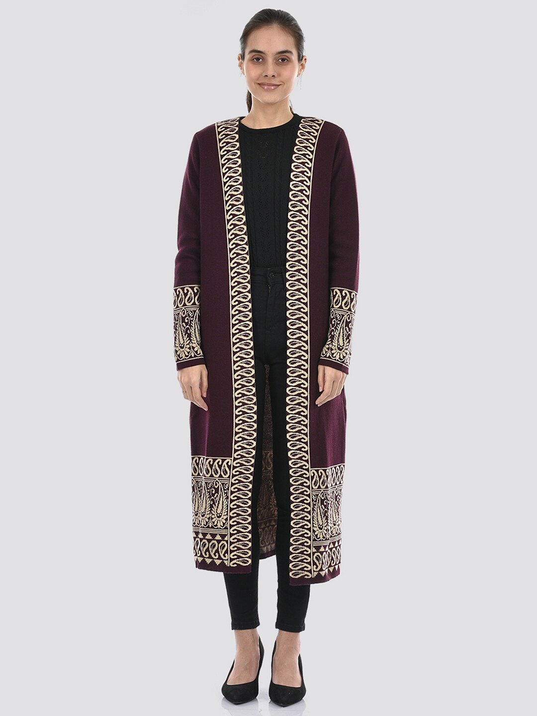 

American Eye Ethnic Motifs Self Design Acrylic Longline Shrug, Purple