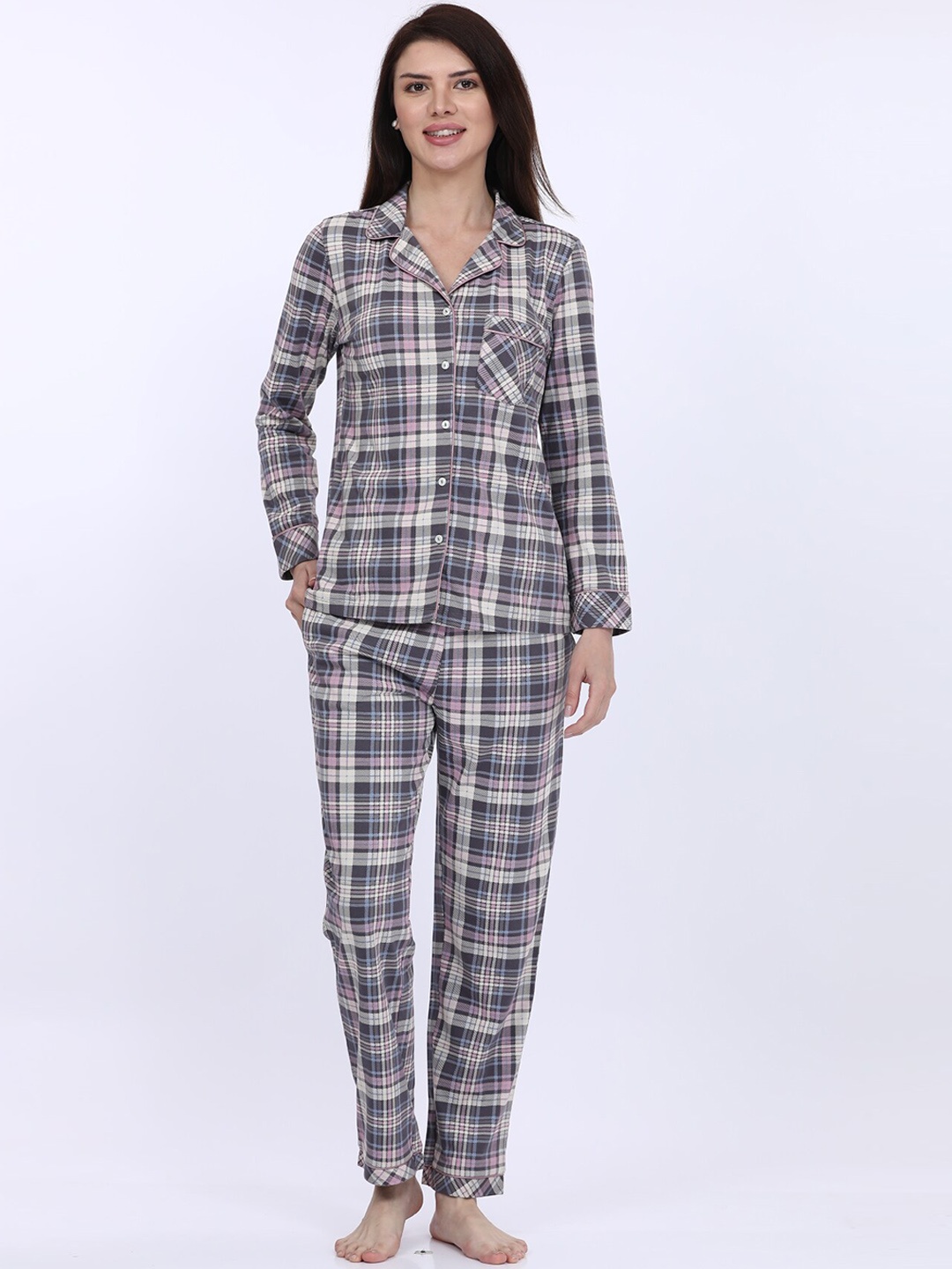 

MAYSIXTY Checked Pure Cotton Night suit, Grey