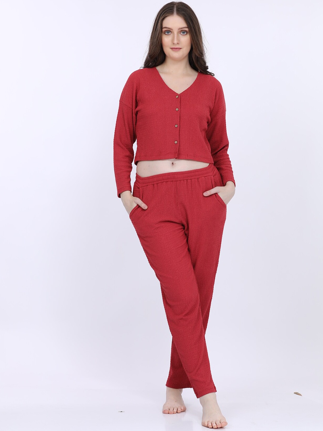 

MAYSIXTY Ribbed V-Neck Crop Night suit, Rust