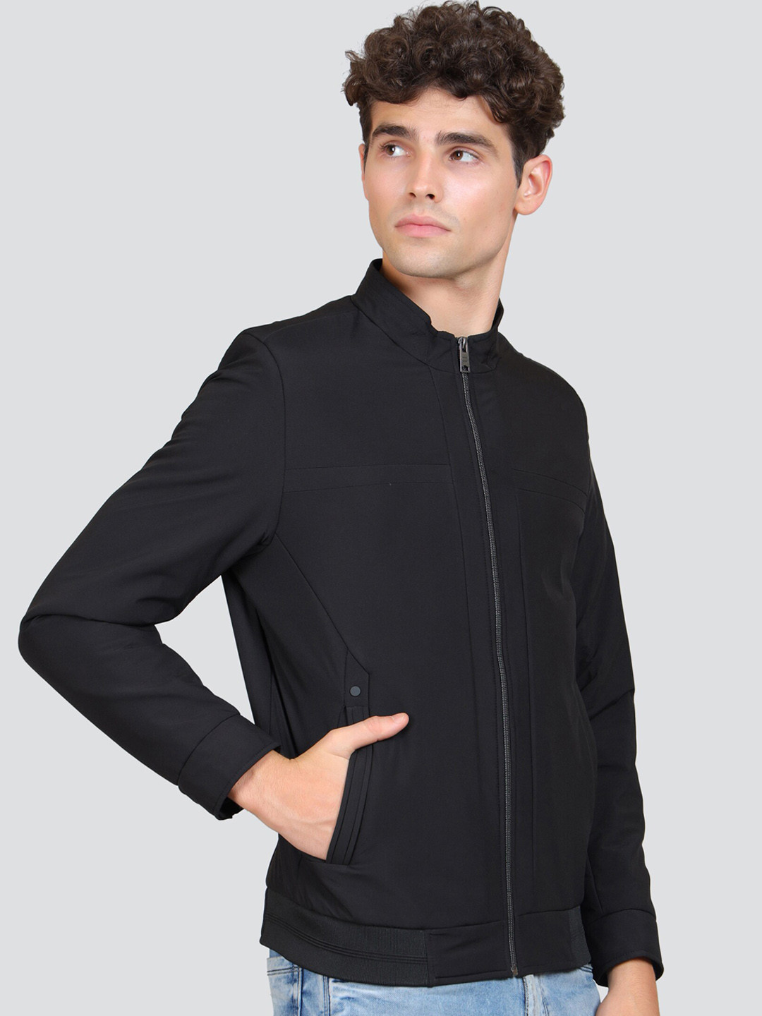 

YOUNG CLUB CLASSIC Mock Collar Woollen Sporty Jacket, Black